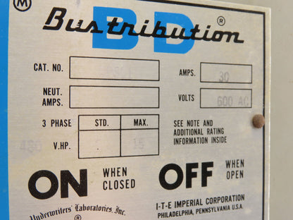 ITE BP-351 Bustribution 5 To 15Hp 30A 480/600VAC 3 Pole Fused Bus Tap