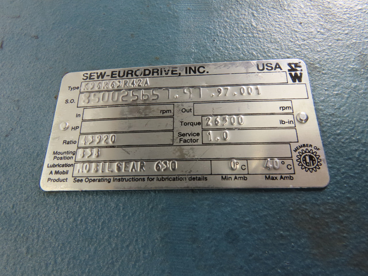 Sew K96R63R42A 43,920:1 Ratio High Torque Right Angle Gearbox 26,500In/Lb.