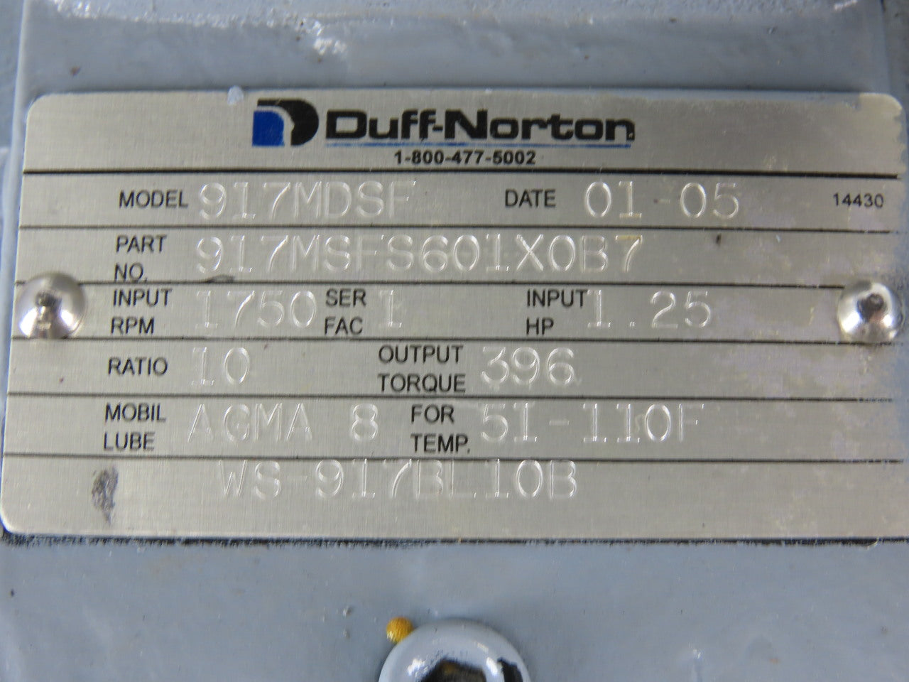 Duff Norton 917MDSF 10:1 Ratio 175RPM 6" Travel Anti-Backlash Actuator
