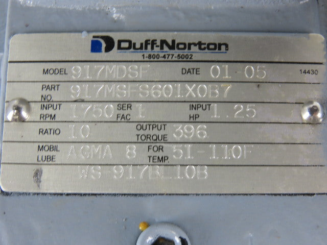 Duff Norton 917MDSF 10:1 Ratio 175RPM 6" Travel Anti-Backlash Actuator