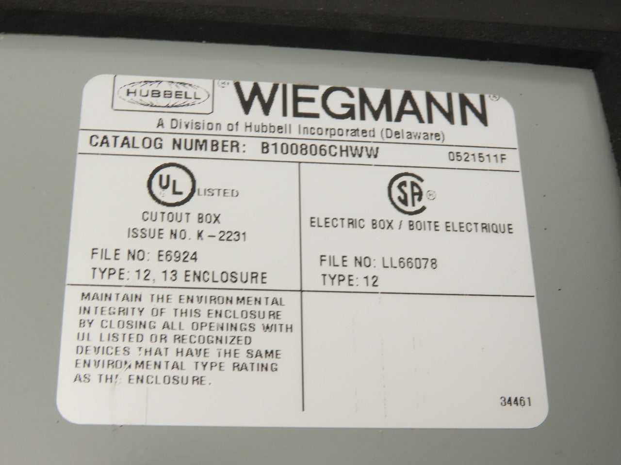 Wiegmann B100806CHWW 10 x 8 x 6" Type 12 Electrical Enclosure J-Box Extras