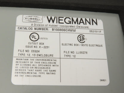 Wiegmann B100806CHWW 10 x 8 x 6" Type 12 Electrical Enclosure J-Box Extras