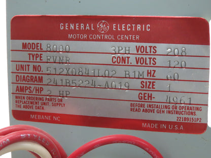 General Electric Type FVNR Model 8000 208V 2Hp 3Ph Size 1 MCC Bucket Starter
