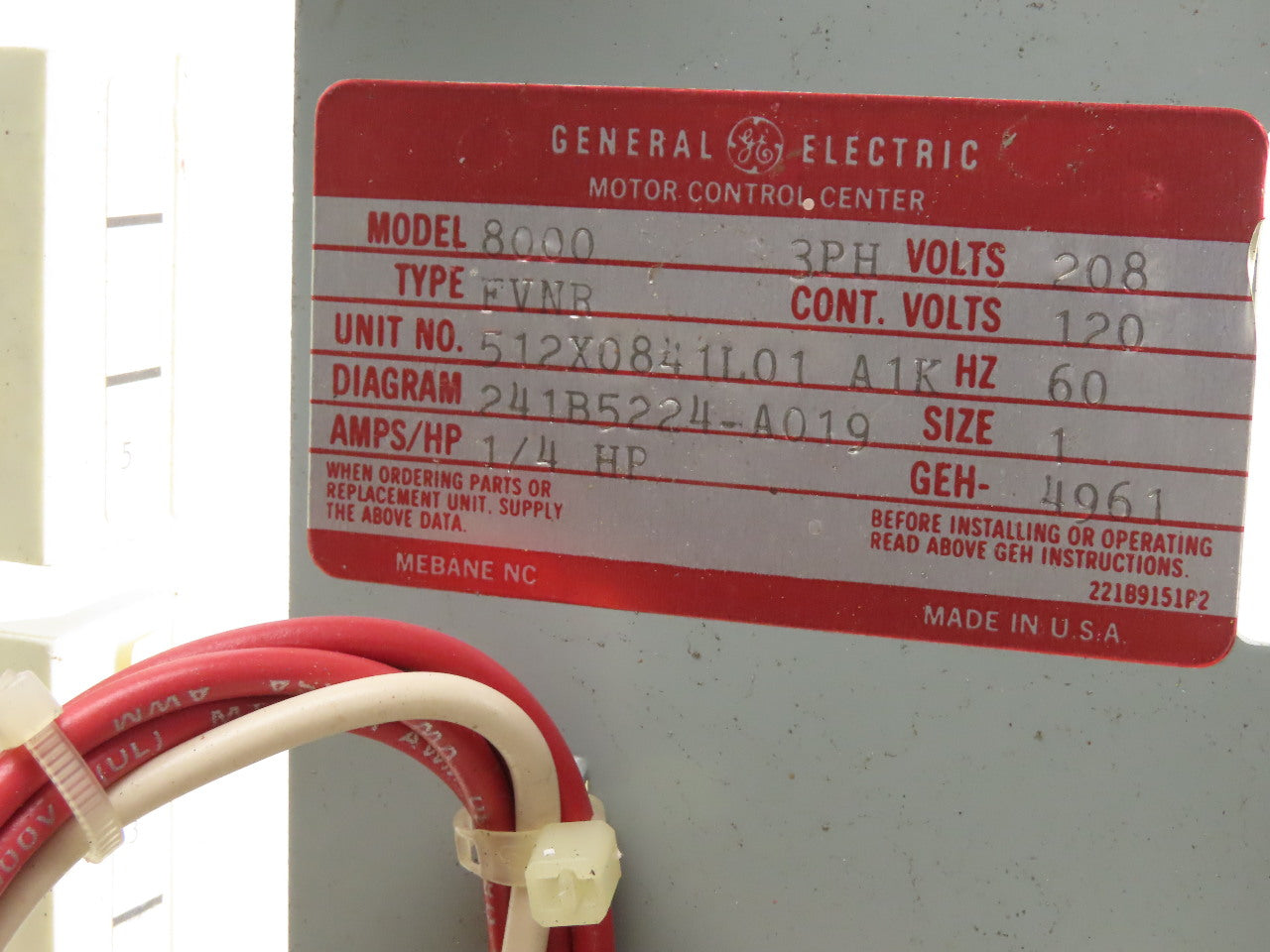 General Electric Type FVNR Model 8000 208V 1/4Hp 3Ph Size 1 MCC Bucket Starter