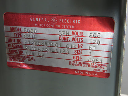 General Electric Type 2S1W Model 8000 208V 1/4Hp 3Ph Size 1 MCC Bucket Starter