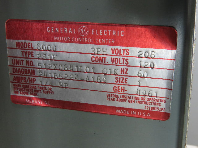 General Electric Type 2S1W Model 8000 208V 1/4Hp 3Ph Size 1 MCC Bucket Starter