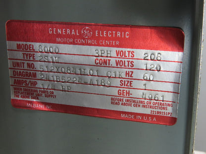 General Electric Type 2S1W Model 8000 208V 1/4Hp 3Ph Size 1 MCC Bucket Starter