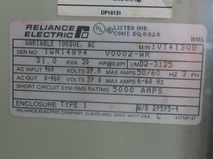 Reliance 1VT4130U 31kVa 30Hp 460 V 39A 50/60Hz 3Ph 6-60Hz Variable Torque Drive