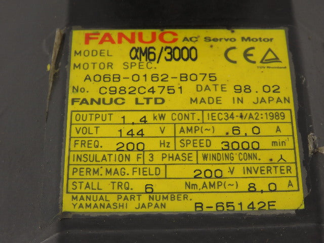 Fanuc A06B-0162-B075 aM6/3000 1.4kW 3000RPM 144VAC 200Hz AC Servo Motor