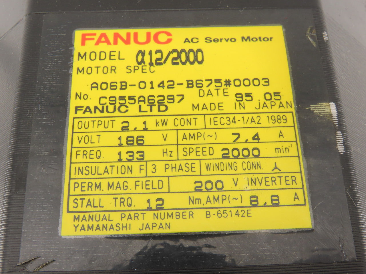 Fanuc A06B-0142-B675 a12/2000 2.1kW 2000RPM 3Ph 186V AC Servo Motor