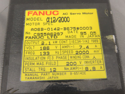 Fanuc A06B-0142-B675 a12/2000 2.1kW 2000RPM 3Ph 186V AC Servo Motor