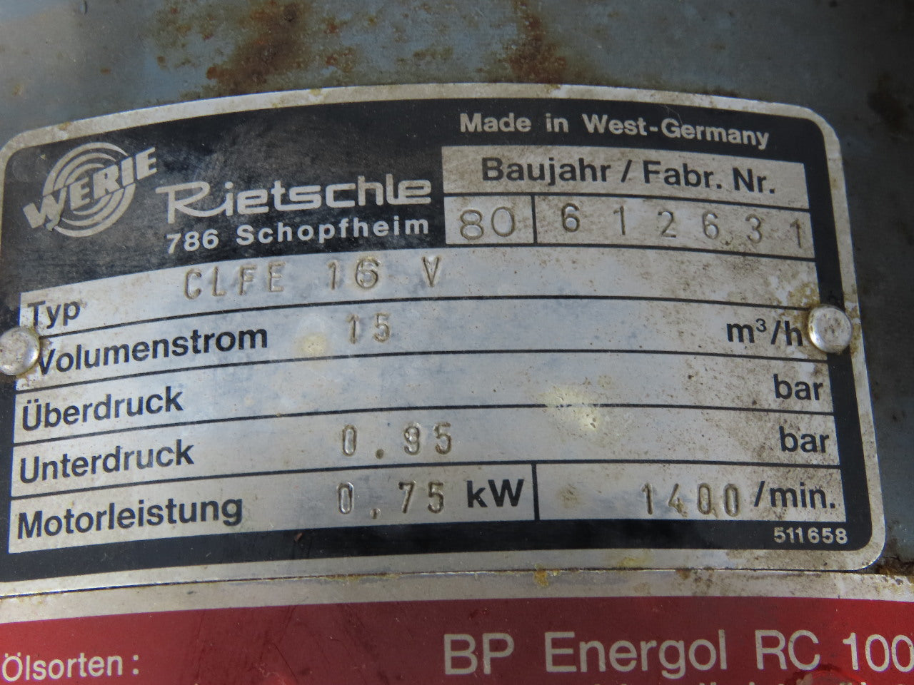 Rietschle CLFE 16V 0.75kW 230/380V 3Ph 15m3/h 1700RPM Vacuum Pump