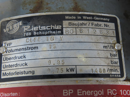 Rietschle CLFE 16V 0.75kW 230/380V 3Ph 15m3/h 1700RPM Vacuum Pump