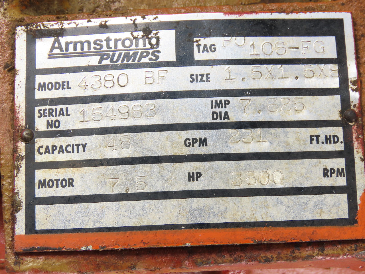 Armstrong 4380BF 7-1/2Hp 1.5x1.5x8 Vertical Inline Pump 48GPM 230/460V 3PH