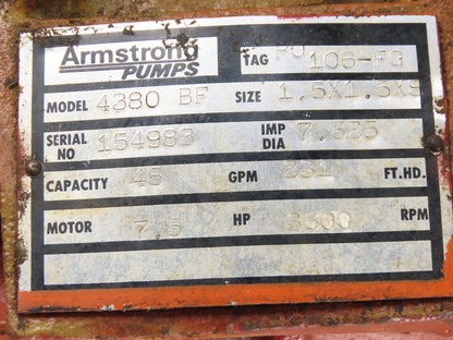 Armstrong 4380BF 7-1/2Hp 1.5x1.5x8 Vertical Inline Pump 48GPM 230/460V 3PH