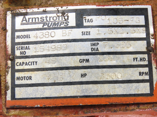 Armstrong 4380BF 7-1/2Hp 1.5x1.5x8 Vertical Inline Pump 48GPM 230/460V 3PH