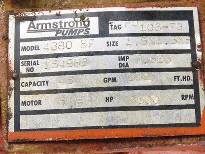 Armstrong 4380BF 7-1/2Hp 1.5x1.5x8 Vertical Inline Pump 48GPM 230/460V 3PH