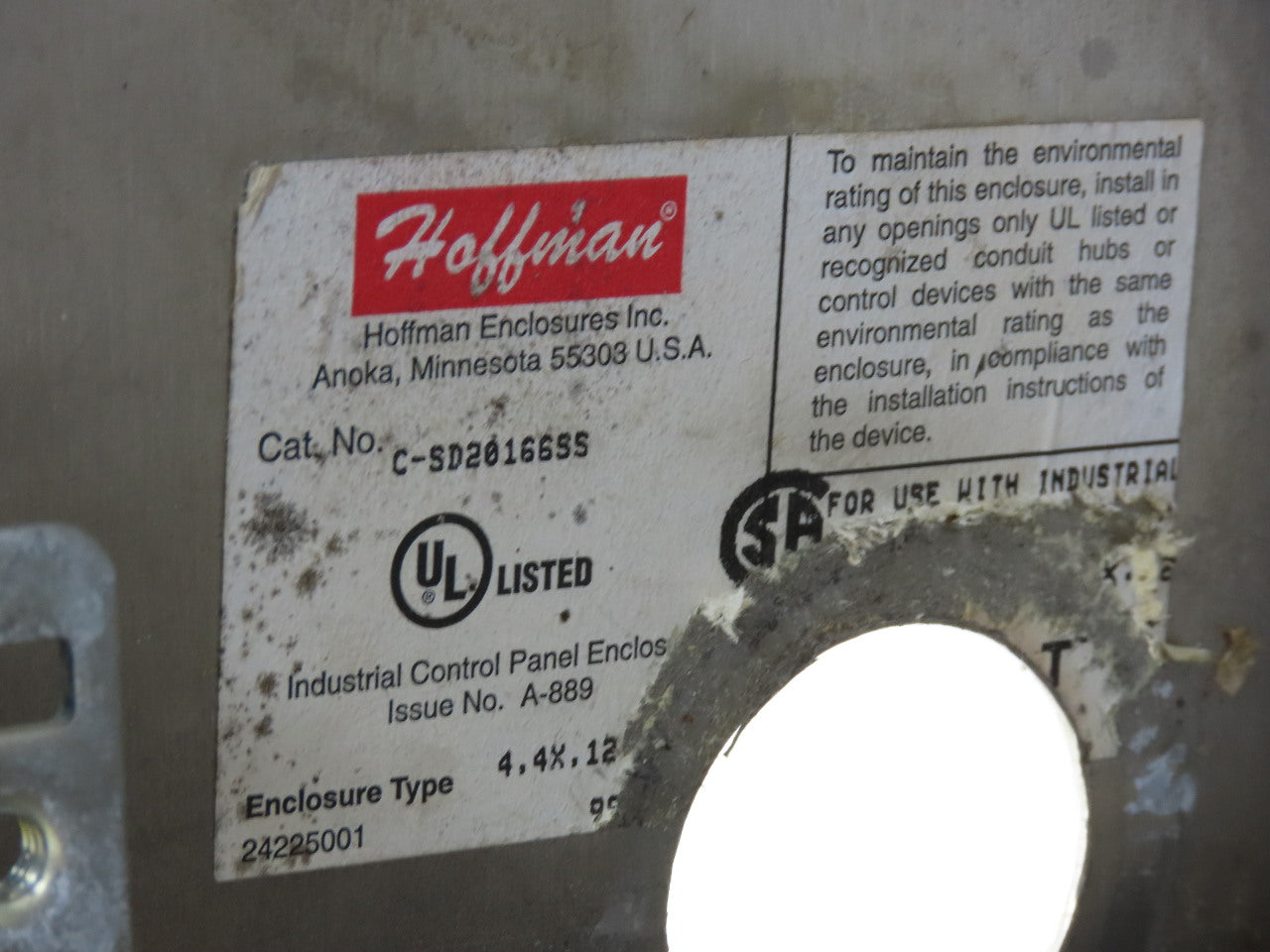 Hoffman C-SD20166SS Electrical Enclosure Stainless Steel 20"x16"x6"W/Back Plate