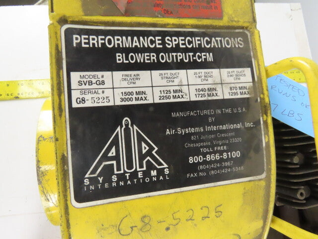 Air Systems SVB-G8 Gas Powered NON-HAZ Confined Space Blower 127cc 16' Hose