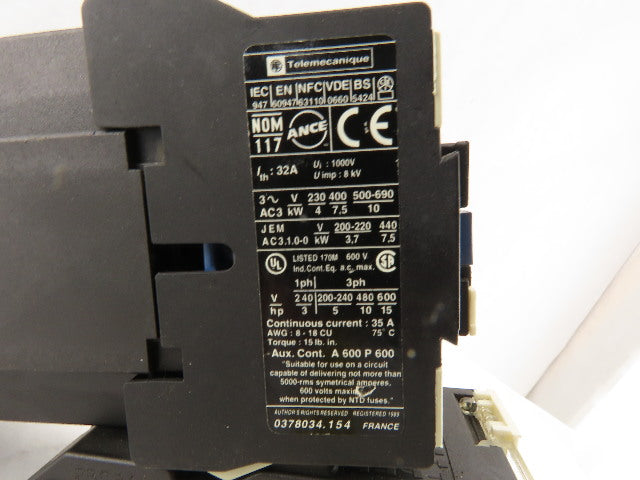 Telemecanique D1810 600V 15Hp Contactor With 2.5-4A Trip Overload 24V Coil