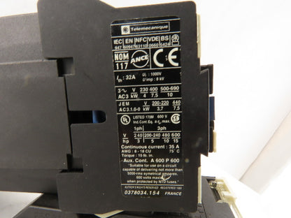 Telemecanique D1810 600V 15Hp Contactor With 2.5-4A Trip Overload 24V Coil
