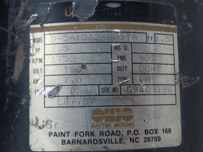 Ohio Electric D561562X8877A 1.5Hp 1750RPM D56 Frame 180VDC Direct Current Motor