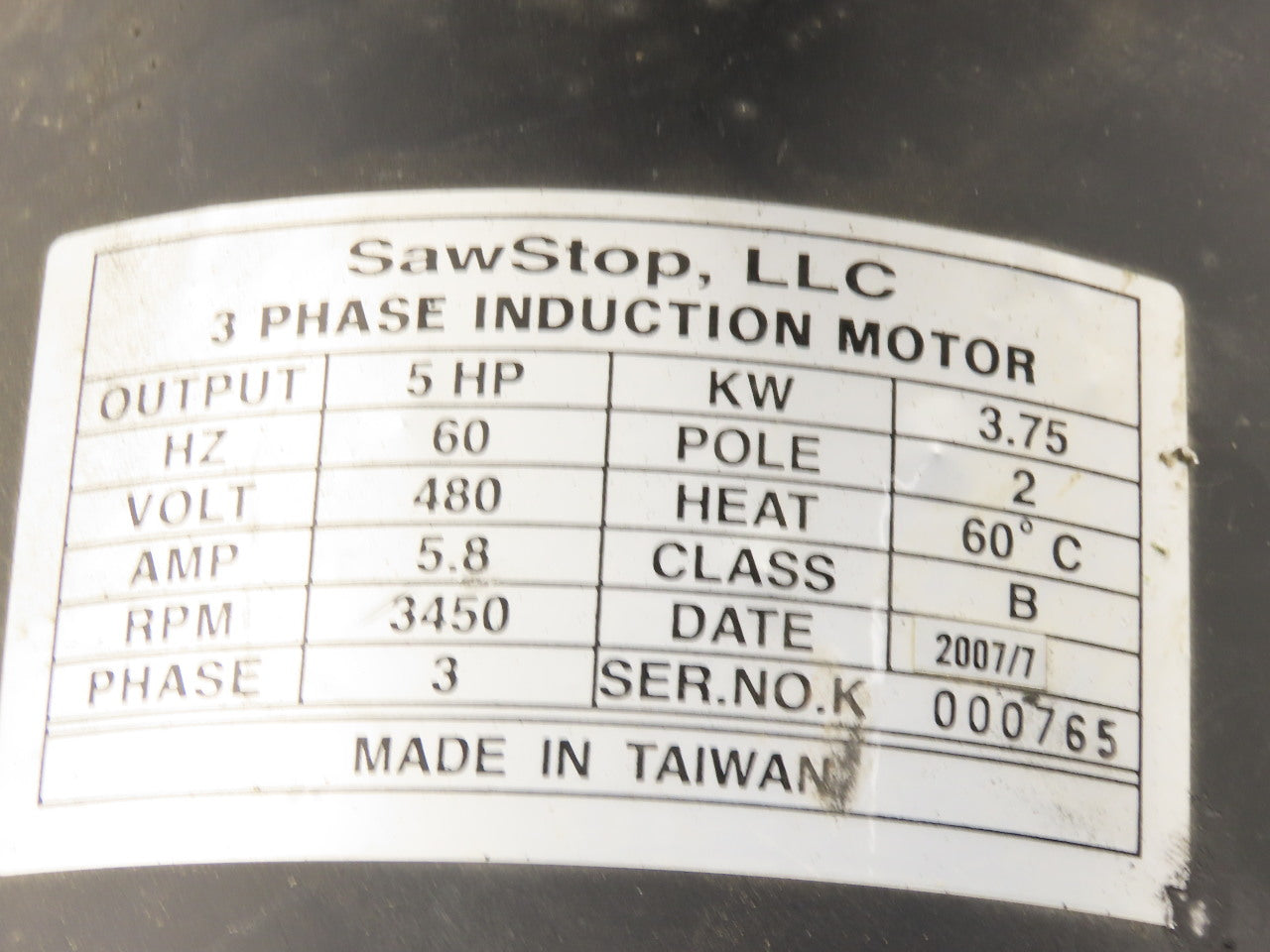 Saw Stop 5Hp 3450 RPM 480V 60Hz 3Ph Industrial Saw Motor