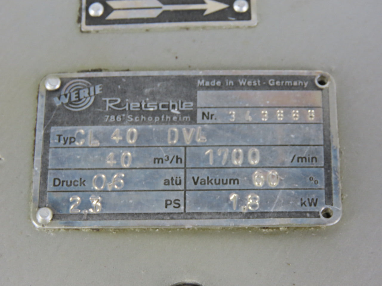 Rietschle CL40DV L 1.8kW 40m3/h 1700 RPM Lubricated Vacuum Pump No Motor