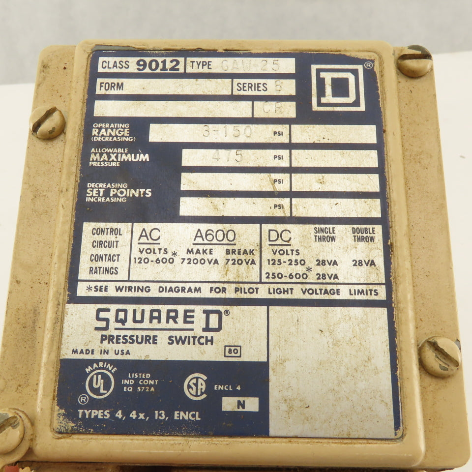 Square D Class 9012 Type GAW-25 Pressure Switch 3-150 PSI 600V