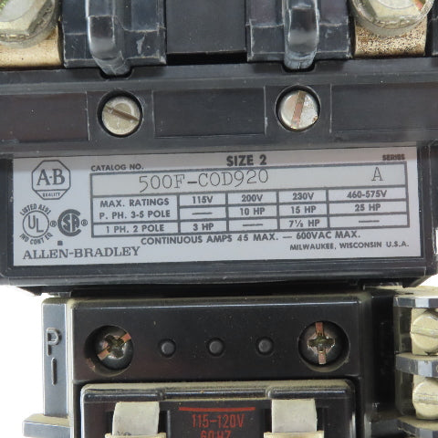 Allen Bradley 500F-COD920 600V 25Hp 2 Pole Size 2 Contactor Starter 120V Coil