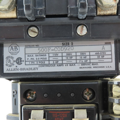 Allen Bradley 500F-COD920 600V 25Hp 2 Pole Size 2 Contactor Starter 120V Coil