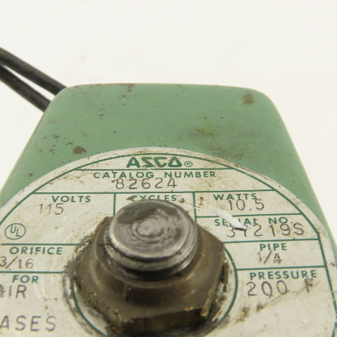 Asco 82624 115V 1/4 NPT Solenoid Actuated Valve WOG 200°F