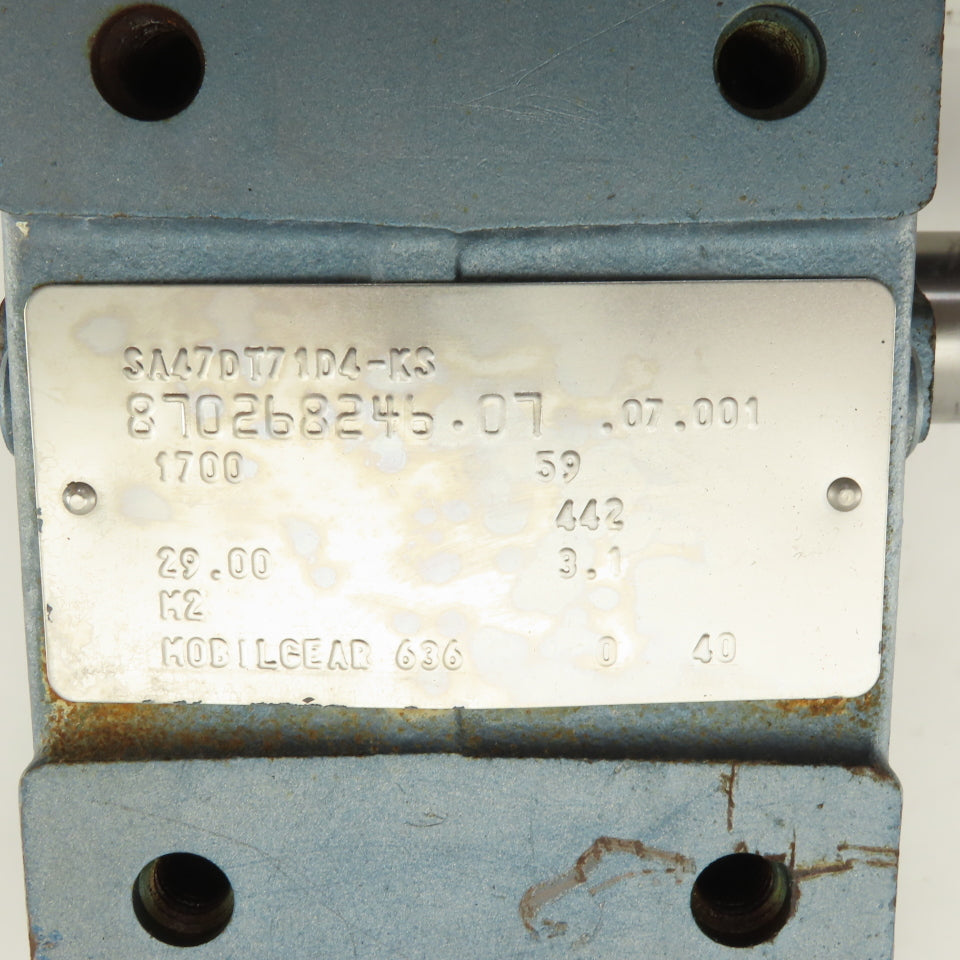 Sew SA47DT71D4-KS 29:1 Ratio 59RPM .5Hp 230/460V Right Angle Gear Reducer