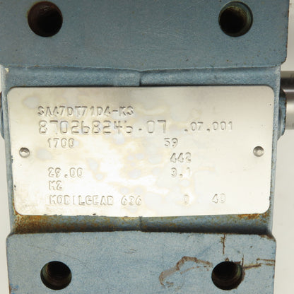 Sew SA47DT71D4-KS 29:1 Ratio 59RPM .5Hp 230/460V Right Angle Gear Reducer