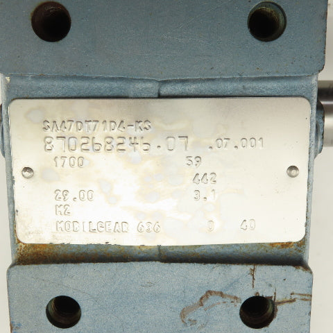 Sew SA47DT71D4-KS 29:1 Ratio 59RPM .5Hp 230/460V Right Angle Gear Reducer