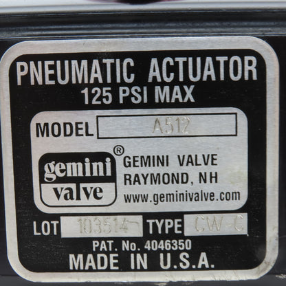 Gemini A512 125PSI Pneumatic Actuator 3/4" Stainless 1000PSI Valve