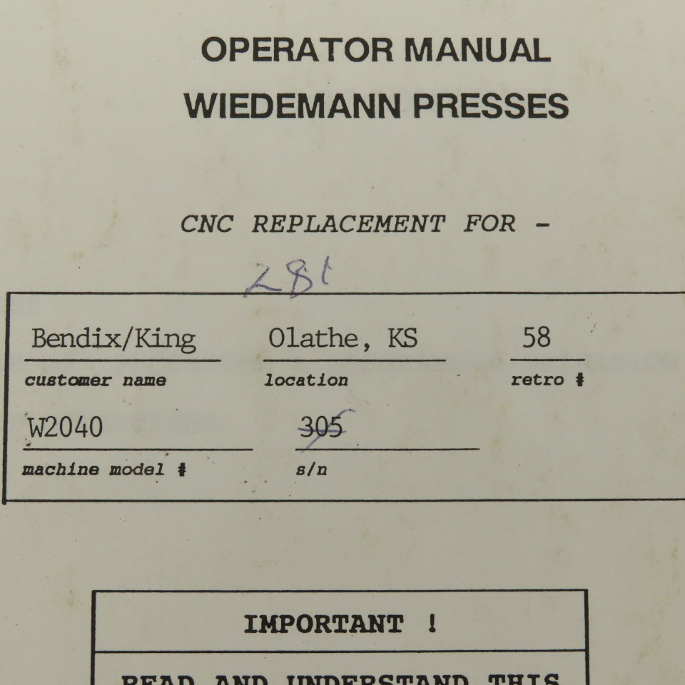 Warner Swasey W-2040 24 Station 20 Ton CNC Turret Alarm Code Operator Manual