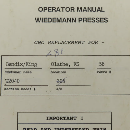 Warner Swasey W-2040 24 Station 20 Ton CNC Turret Alarm Code Operator Manual