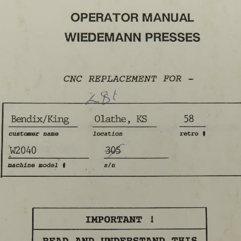 Warner Swasey W-2040 24 Station 20 Ton CNC Turret Alarm Code Operator Manual