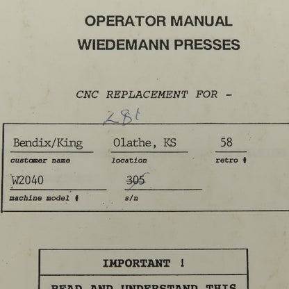 Warner Swasey W-2040 24 Station 20 Ton CNC Turret Alarm Code Operator Manual