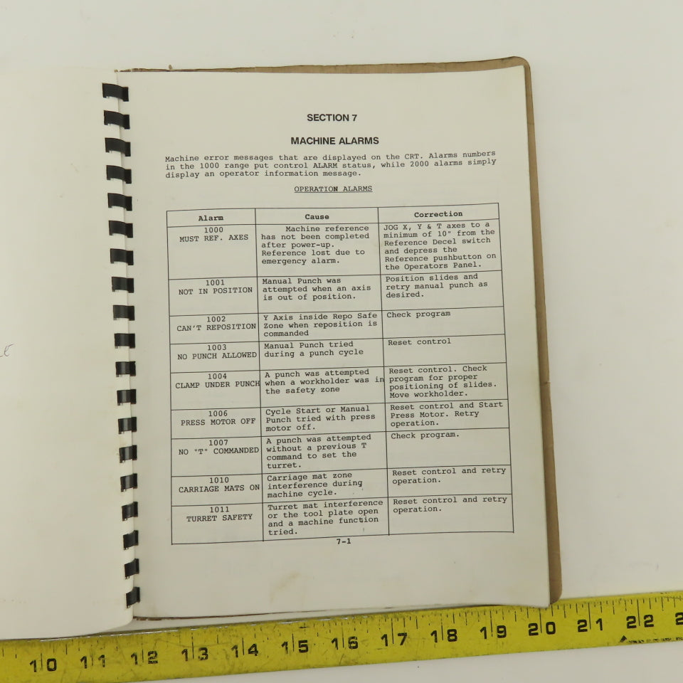 Warner Swasey W-2040 24 Station 20 Ton CNC Turret Alarm Code Operator Manual