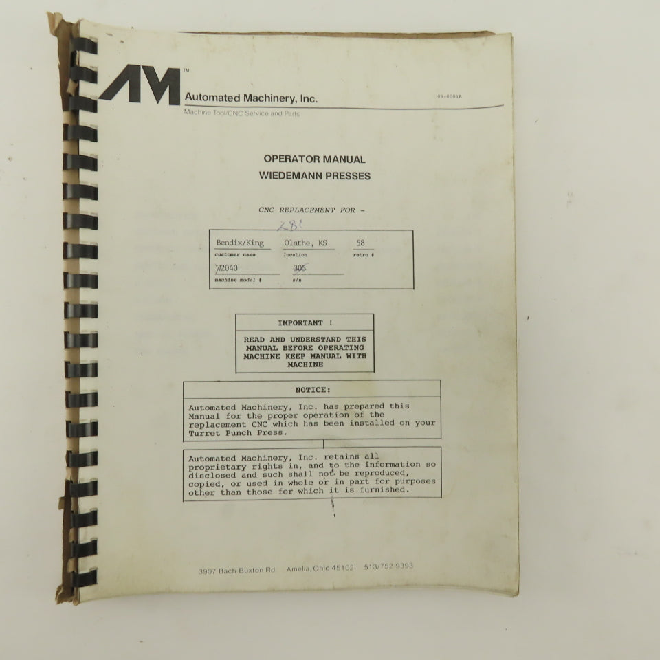 Warner Swasey W-2040 24 Station 20 Ton CNC Turret Alarm Code Operator Manual