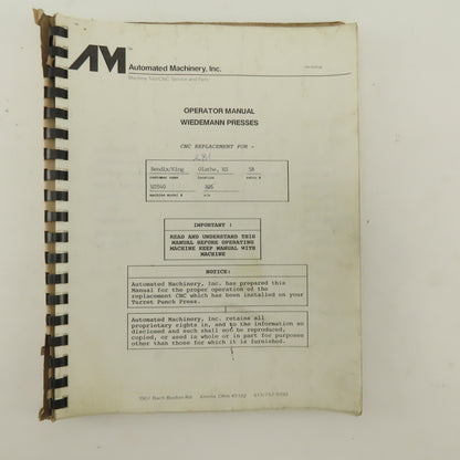 Warner Swasey W-2040 24 Station 20 Ton CNC Turret Alarm Code Operator Manual
