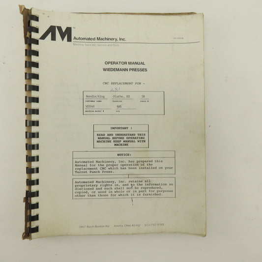 Warner Swasey W-2040 24 Station 20 Ton CNC Turret Alarm Code Operator Manual