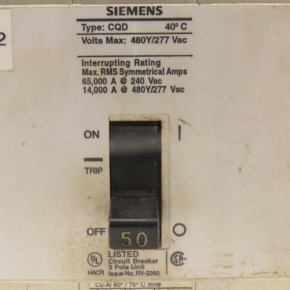 Siemens CQD 50A Circuit Breaker 480Y/277V