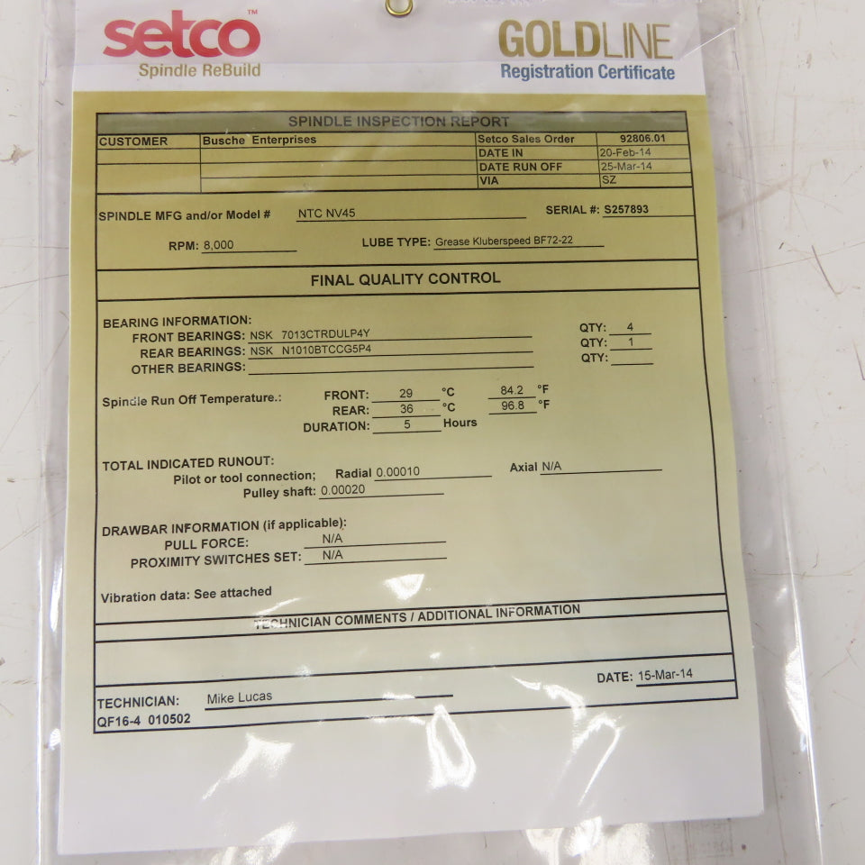 Setco NTC NV45 Precision Spindle Assembly 8000RPM