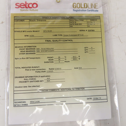 Setco NTC NV45 Precision Spindle Assembly 8000RPM