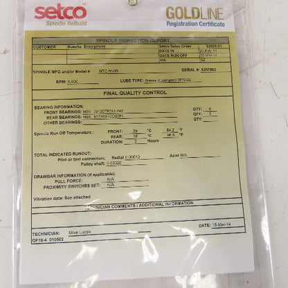 Setco NTC NV45 Precision Spindle Assembly 8000RPM