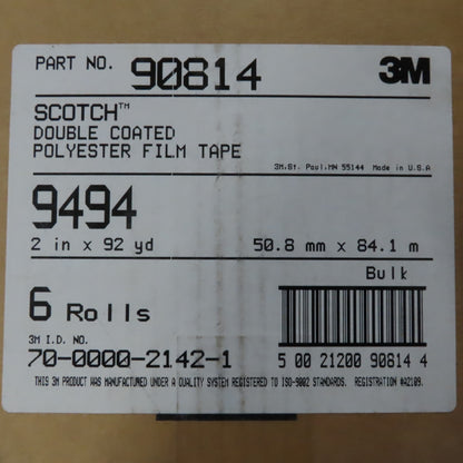 3M 9494 Scotch Double Coated Polyester Film Tape 2" x 92Yds. 1 Case 6 Rolls