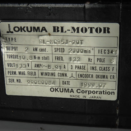 Okuma BL-MC95J-20T 2kW 2000 RPM 3Ph 133V Permanent Magnet AC Servo Motor